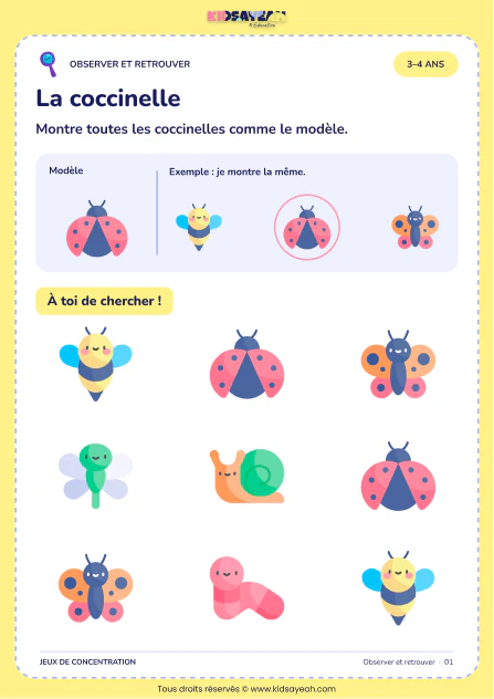 Retrouver les coccinelles identiques au modèle parmi neuf images — jeu d’observation pour les 3–4 ans
