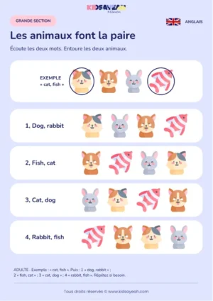 Retrouver deux animaux entendus en anglais en GS — fiche enfant
