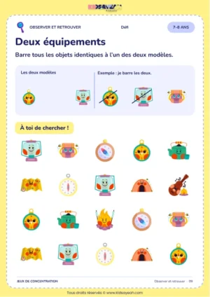 Retrouver boussoles et lanternes identiques à deux modèles parmi vingt objets — jeu 7–8 ans