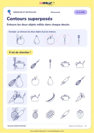 Retrouver deux objets dans quatre contours superposés - jeu d’observation 9–11 ans