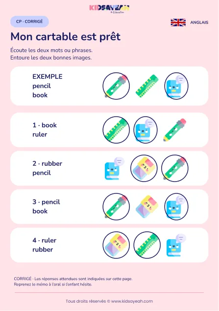 Retrouver deux objets du cartable à l’écoute en anglais au CP — corrigé