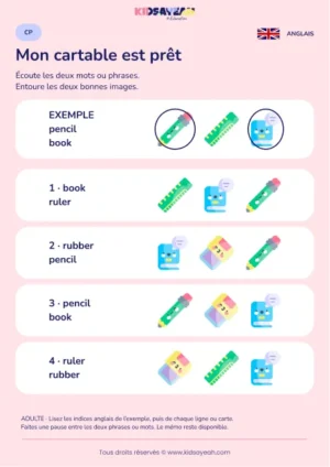 Retrouver deux objets du cartable à l’écoute en anglais au CP — fiche enfant