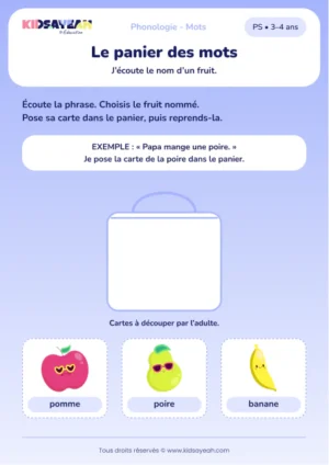 Retrouver le fruit nommé dans une phrase en PS — aperçu de la fiche à imprimer