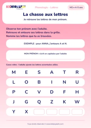 Retrouver les lettres de son prénom dans une grille en MS — aperçu de la fiche à imprimer