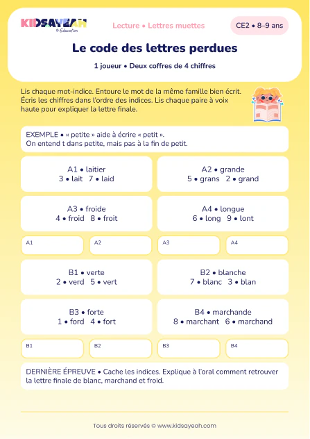 retrouver les lettres finales de lait, grand et marchand au CE2 — aperçu de la fiche CE2 à imprimer