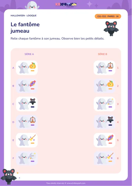 retrouver paires fantômes Halloween CE1 CE2 - fiche enfant