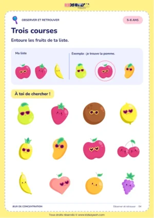 Retrouver la pomme, la fraise et la banane parmi douze fruits — fiche Trois courses, 5–6 ans