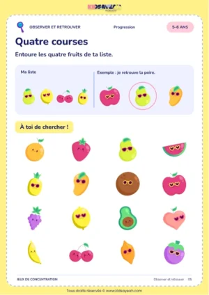 Retrouver quatre fruits d’une liste parmi seize images — fiche Quatre courses, 5–6 ans