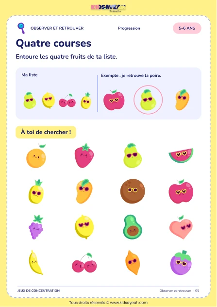 Retrouver quatre fruits d’une liste parmi seize images — fiche Quatre courses, 5–6 ans