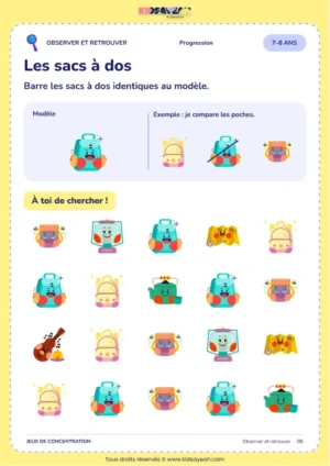 Retrouver cinq sacs à dos identiques au modèle parmi vingt images — jeu 7–8 ans