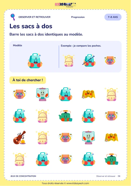 Retrouver cinq sacs à dos identiques au modèle parmi vingt images — jeu 7–8 ans