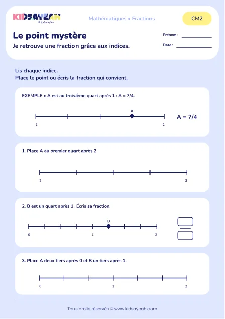 Retrouver une fraction à partir d’indices sur une droite au CM2 : aperçu de la fiche Le point mystère