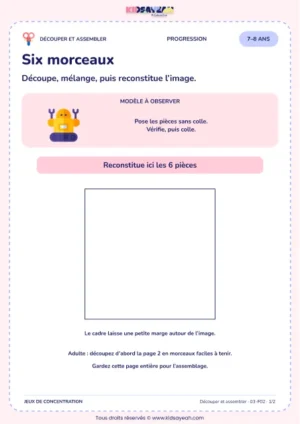 Six morceaux – activité de découpage et assemblage à imprimer pour les enfants de 7–8 ans