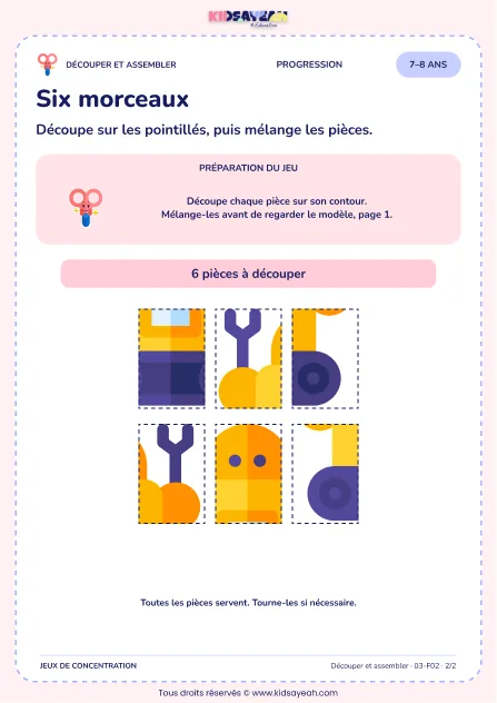 Six morceaux – activité de découpage et assemblage à imprimer pour les enfants de 7–8 ans – page 2 : page 2 : 2/2 — Pièces à découper