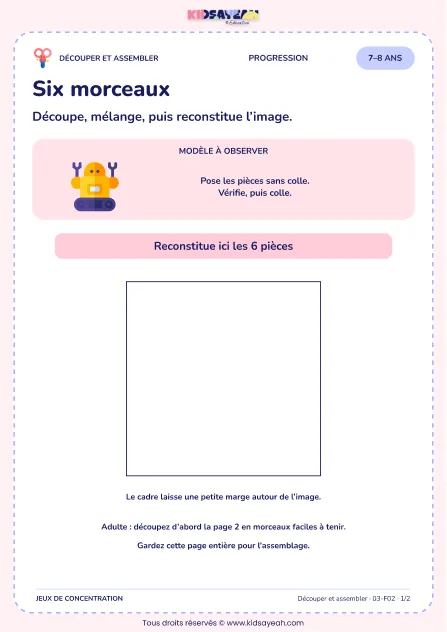Six morceaux – activité de découpage et assemblage à imprimer pour les enfants de 7–8 ans