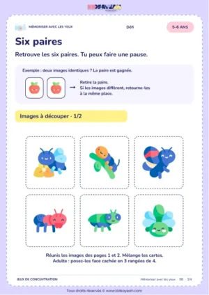Six paires – jeu de mémoire visuelle à imprimer pour les enfants de 5–6 ans