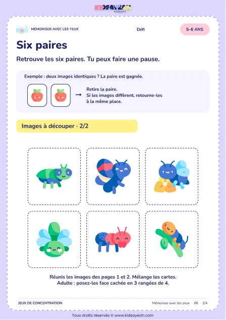 Six paires – jeu de mémoire visuelle à imprimer pour les enfants de 5–6 ans – page 2 : page 2 : 2/4