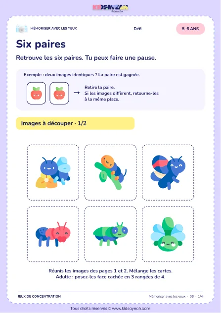 Six paires – jeu de mémoire visuelle à imprimer pour les enfants de 5–6 ans