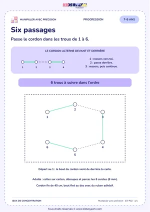 Six passages – activité de motricité fine à imprimer pour les enfants de 7–8 ans