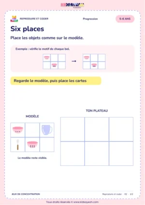 Six places – jeu de codes et modèles à imprimer pour les enfants de 5–6 ans