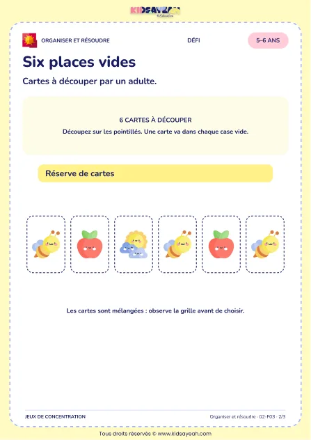 Six places vides – jeu de logique et d’organisation à imprimer pour les enfants de 5–6 ans – page 2 : page 2 : 2/3 — Cartes