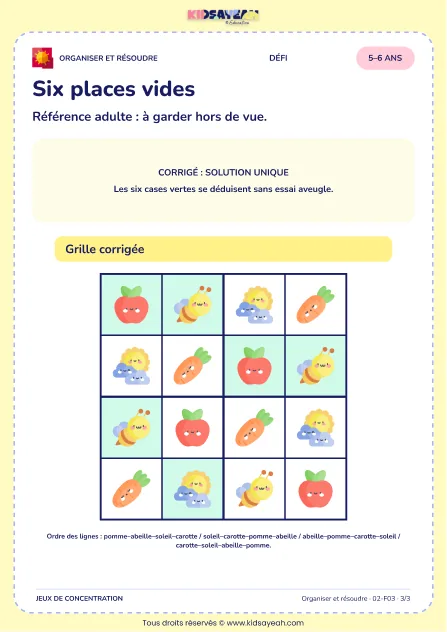 Six places vides – jeu de logique et d’organisation à imprimer pour les enfants de 5–6 ans – page 3 : page 3 : 3/3 — Corrigé adulte