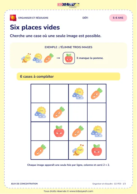 Six places vides – jeu de logique et d’organisation à imprimer pour les enfants de 5–6 ans