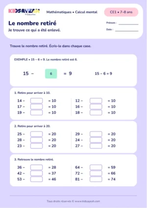 Soustractions à trou au CE1 : Le nombre retiré — fiche enfant