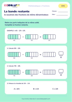 Soustraire des fractions avec des bandes au CM1 : aperçu de la fiche La bande restante