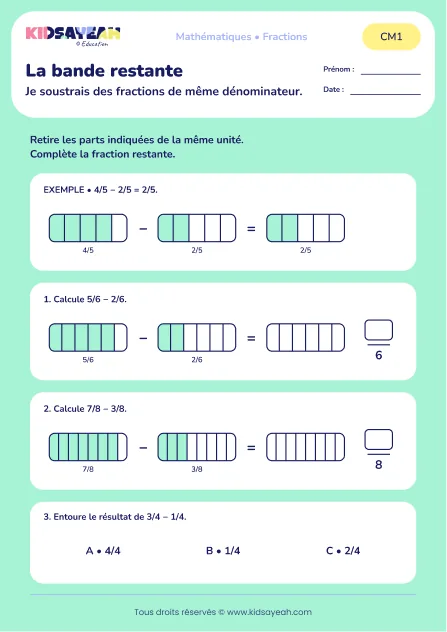 Soustraire des fractions avec des bandes au CM1 : aperçu de la fiche La bande restante