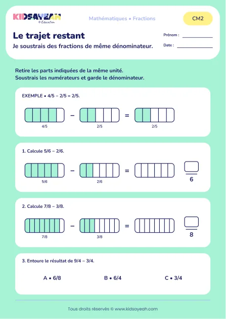 Soustraire des fractions dont le résultat dépasse 1 au CM2 : aperçu de la fiche Le trajet restant