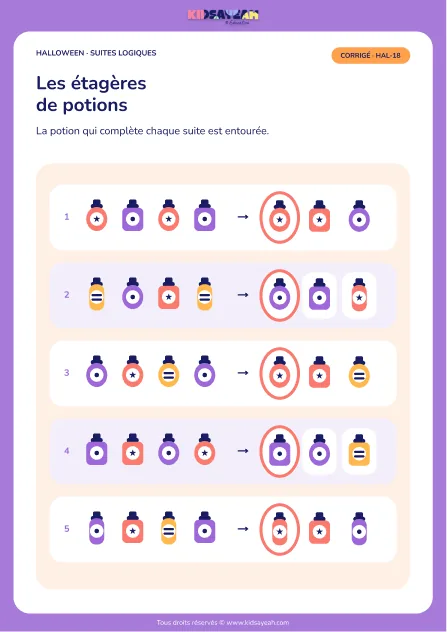suites logiques potions Halloween CE1 CE2 - corrigé