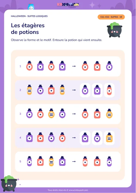 suites logiques potions Halloween CE1 CE2 - fiche enfant