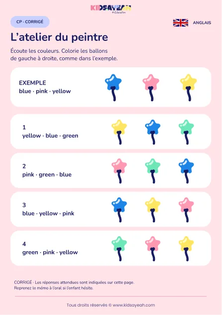 Suivre trois couleurs de ballons dictées en anglais au CP — corrigé
