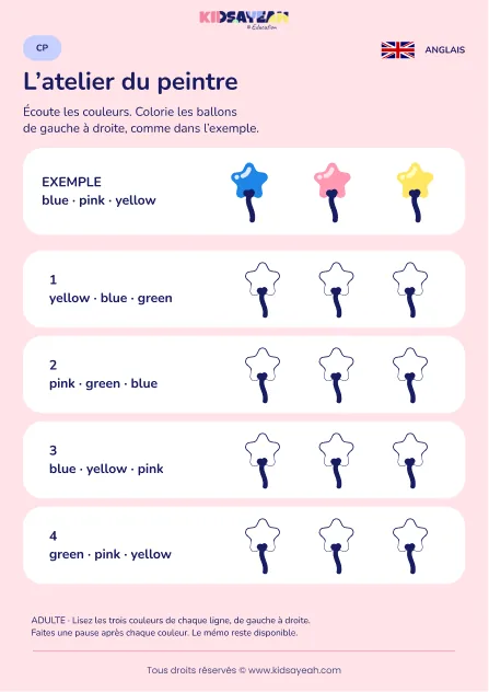 Suivre trois couleurs de ballons dictées en anglais au CP — fiche enfant