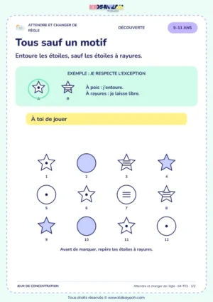 Tous sauf un motif – jeu de règles et d’attention à imprimer pour les enfants de 9–11 ans