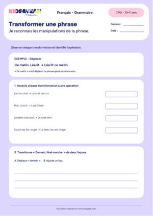 transformer une phrase au CM2 - fiche élève