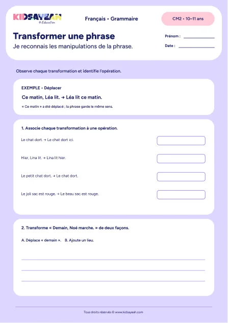 transformer une phrase au CM2 - fiche élève