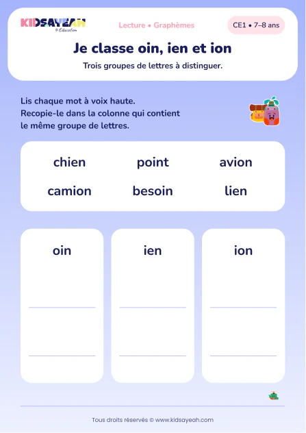 trier chien, point et avion selon oin, ien ou ion au CE1 — aperçu de la fiche CE1 à imprimer