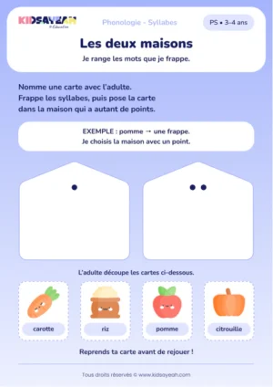 Trier des mots à une ou deux syllabes en PS — aperçu de la fiche à imprimer