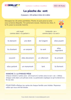 trier ent muet et le son an dans seize cartes au CE2 — aperçu de la fiche CE2 à imprimer