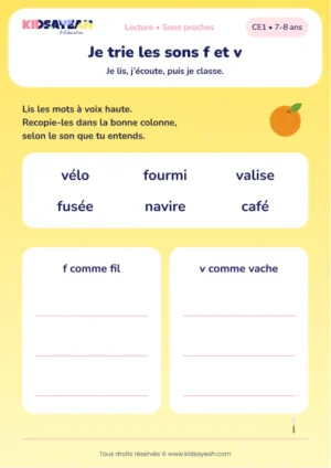 trier fourmi, café et vélo selon f ou v au CE1 — aperçu de la fiche CE1 à imprimer