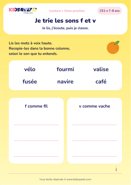 trier fourmi, café et vélo selon f ou v au CE1 — aperçu de la fiche CE1 à imprimer
