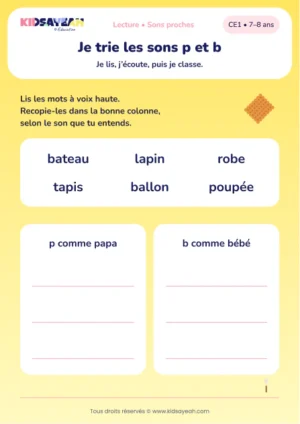 trier lapin, tapis et bateau selon p ou b au CE1 — aperçu de la fiche CE1 à imprimer