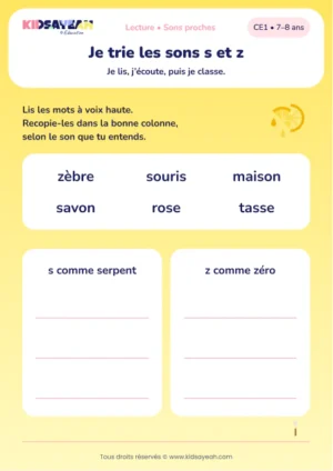 trier souris, maison et rose selon les sons s et z au CE1 — aperçu de la fiche CE1 à imprimer