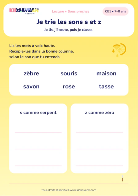 trier souris, maison et rose selon les sons s et z au CE1 — aperçu de la fiche CE1 à imprimer