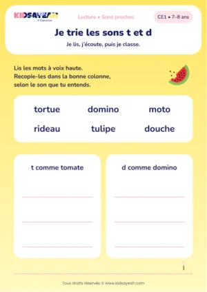 trier tortue, moto et domino selon t ou d au CE1 — aperçu de la fiche CE1 à imprimer