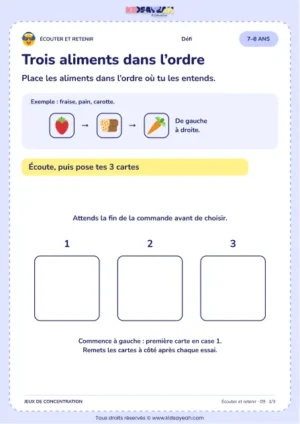 Trois aliments dans l’ordre – jeu d’écoute et d’attention à imprimer pour les enfants de 7–8 ans