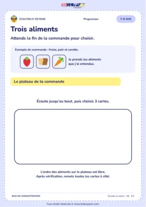 Trois aliments – jeu d’écoute et d’attention à imprimer pour les enfants de 7–8 ans