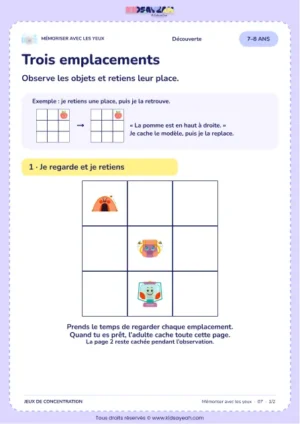 Trois emplacements – jeu de mémoire visuelle à imprimer pour les enfants de 7–8 ans